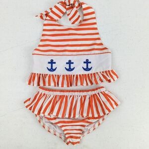 Kelly's Kids Baby Girl 2pc Nautical Swimsuit Size 18 Month Orange White Stripe